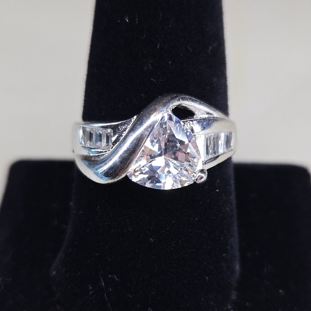 Silver Tone Trillion Cut Cubic Zirconia Bypass Statement Ring Size 10.25